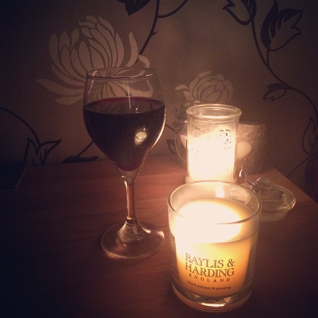 Glass of wine, candles burning, chorizo pasta cooking, cuddles with�